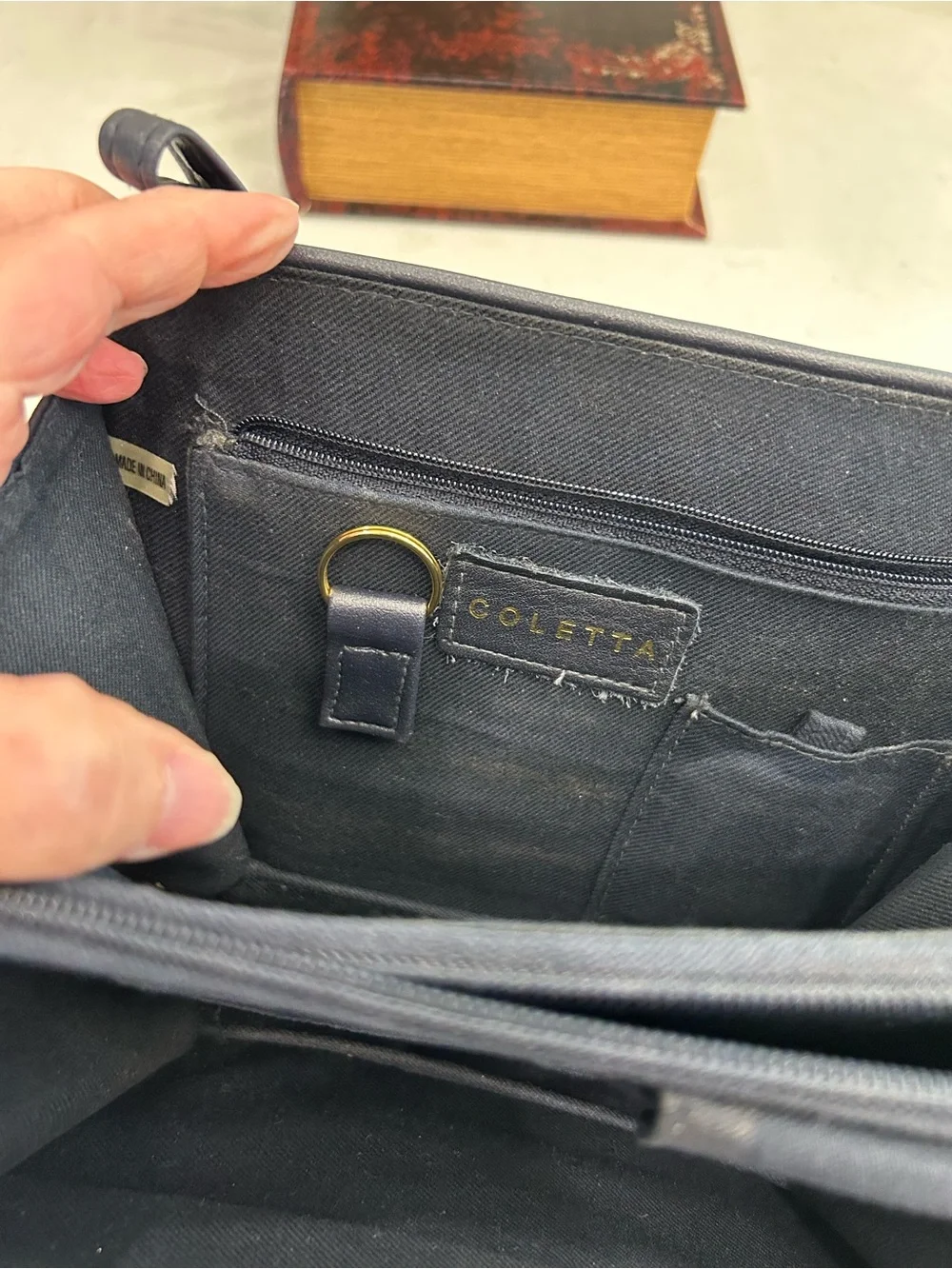 Vintage Structured Navy Leather Bag with Top Handle